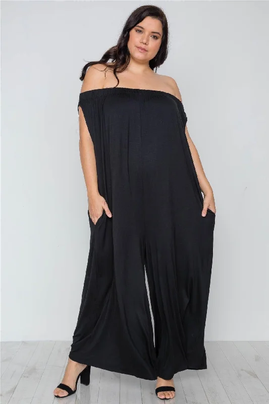 Plus Size Black Basic Off-The-Shoulder Jumpsuit /2-2