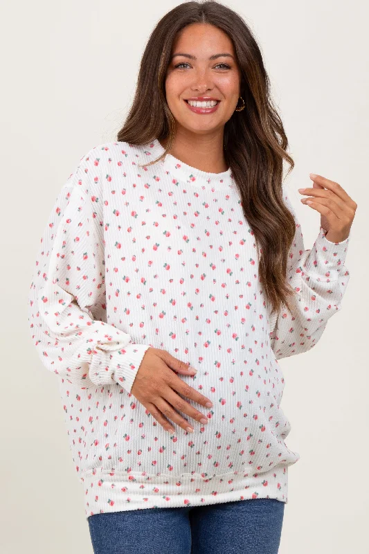 Ivory Floral Ribbed Knit Oversized Maternity Pullover Top