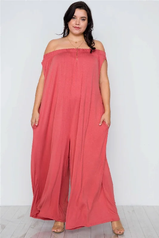 Plus Size Coral Basic Off-The-Shoulder Jumpsuit / 2-2-2