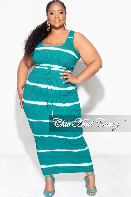 Final Sale Plus Size Ribbed 2pc Crop Drawstring Top and Pencil Skirt Set in Green and White Stripe Print