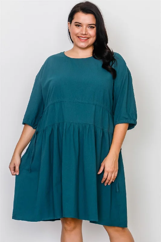 Junior Plus Size Teal Tie Sleeve Loose Midi Dress / 2-2-2