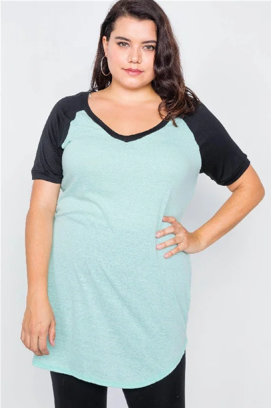 Junior Plus Size Mint & Black Washed Round Hem Shirt Dress /2-2-2