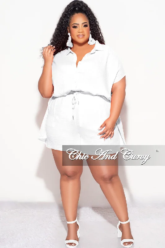 Final Sale Plus Size 2pc Collar Button Up Lien Top Tie And Short Set In White