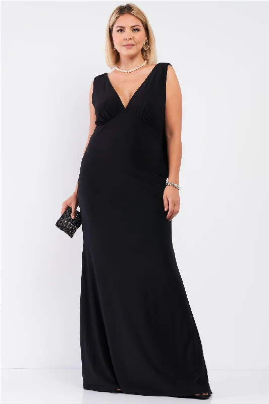 Junior Plus Black Draped Back V-Neck Sleeveless Maxi Dress /1-1-1