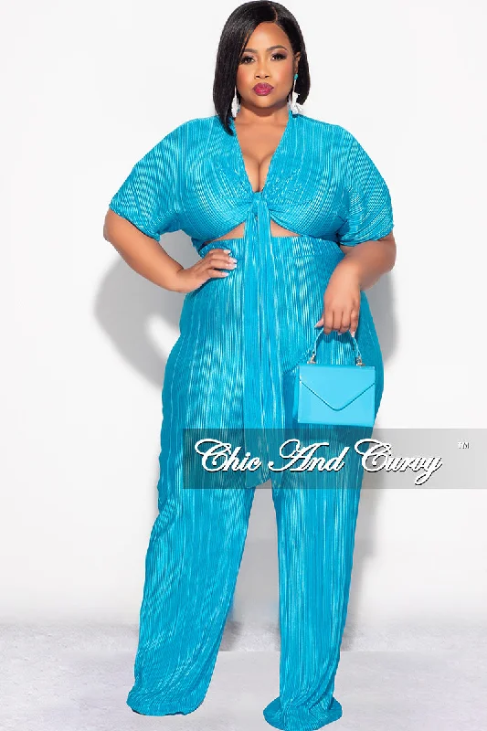 Final Sale Plus Size 2pc Pleated Top and Pants Set in Turquoise