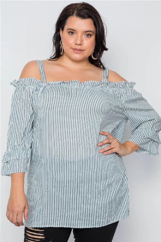 Boho Olive Plus Size Striped Cold-Shoulder Top /1-2-3