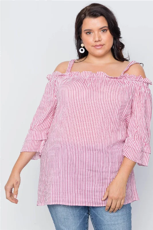 Boho Fuchsia Plus Size Striped Cold-Shoulder Top /2-3