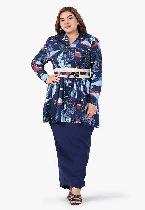 Jawhara Raya Japanese Print Kebarung Set - Dark Blue