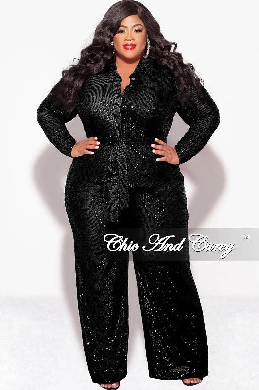 Final Sale Plus Size 2pc Button Up Sequin Collar Top and Pants Set in Black