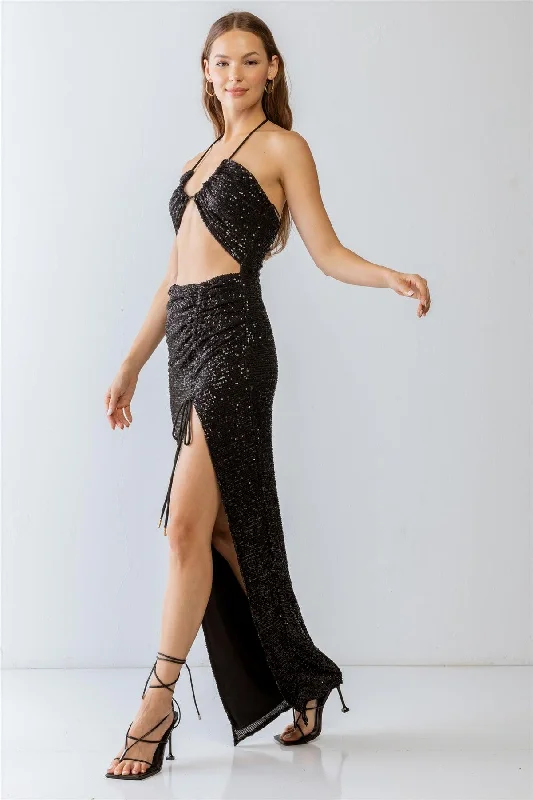 Black Sequin Halter Neck Sleeveless Cut-Out & Ruched Detail Maxi Dress /3-2-1