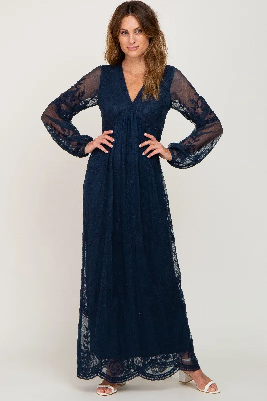 PinkBlush Navy Lace Mesh Overlay Long Sleeve Maxi Dress