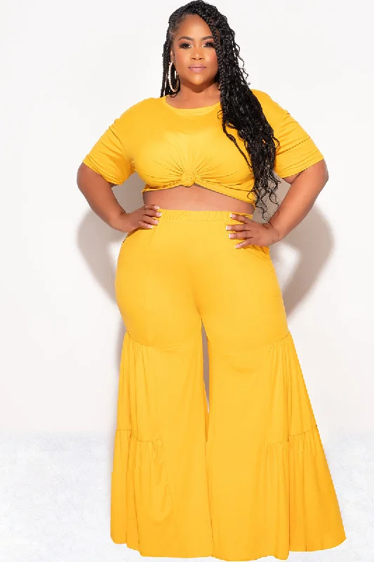 Final Sale Plus Size 2pc Crop Tie Top and 3-Layer Pants Set in Mustard