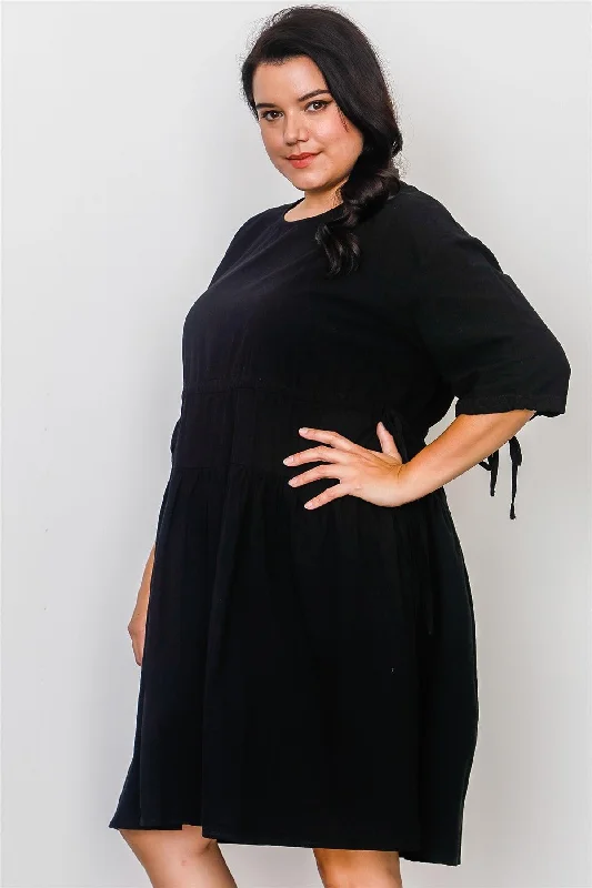 Junior Plus Size Black Tie Sleeve Loose Midi Dress / 2-2-2