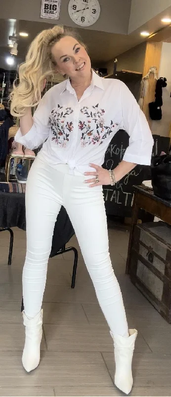 White Long Sleeve Blouse with Embroidery