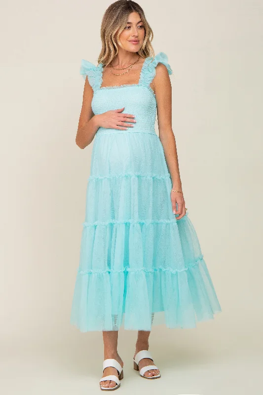 Aqua Smocked Mesh Ruffle Accent Maternity Midi Dress