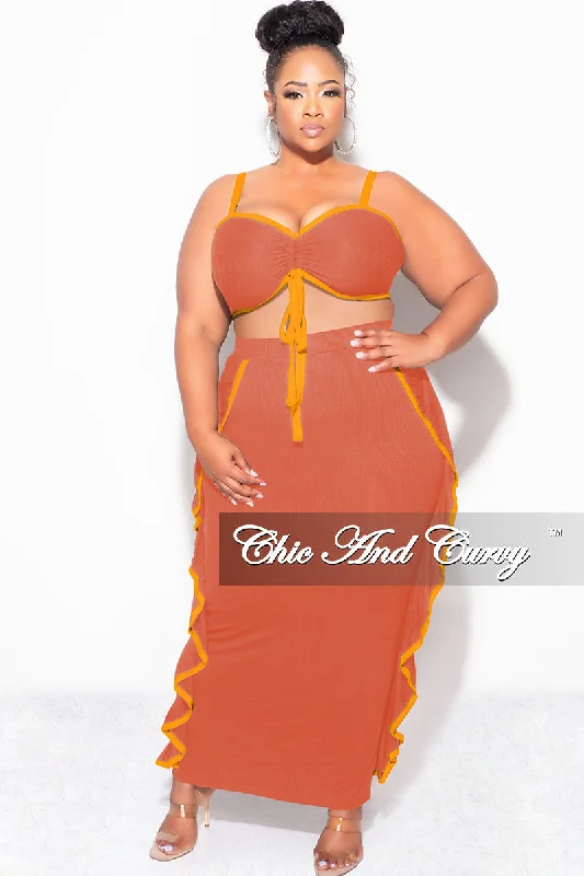 Final Sale Plus Size 2pc Crop Top and Ruffle Skirt Set in Rust and Mustard