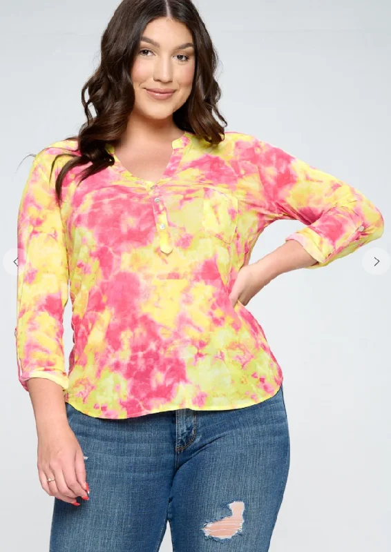 Mesh Tie-Dye Henley Half Placket Blouse