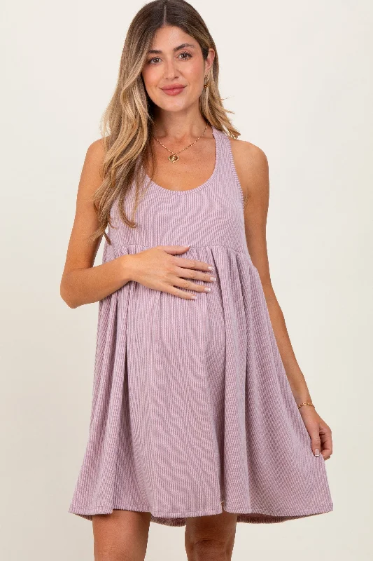 Mauve Ribbed Sleeveless Open Back Maternity Midi Dress