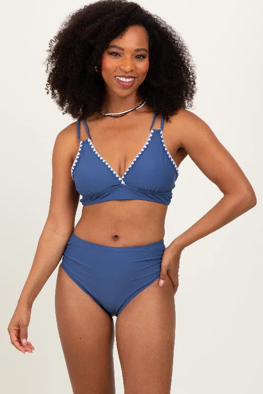 Blue Crochet Detail Double Strap Bikini Set