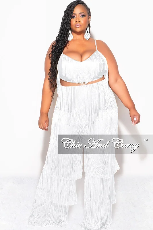 Final Sale Plus Size 2pc Fringe Layered Bra Top and Pants Set In White