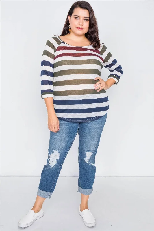 Junior Plus Size Semi Sheer Burgundy Navy & Green Stripe Round Neck Top /2-2