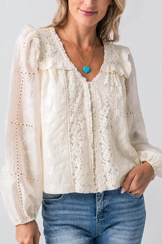 Listicle Romantic Lace Vneck Ruffled Long Sleeve Blouse