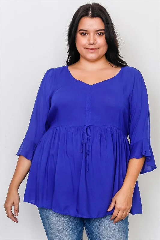 Boho Plus Size Royal Front Drawstring Babydoll Top / 2-2-2