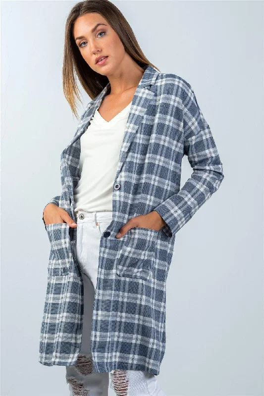 Navy Plaid Longline Oversized Blazer / 2-2-2