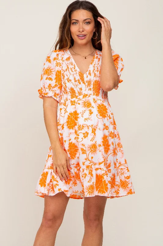 Orange Floral Smocked Puff Sleeve Maternity Dress