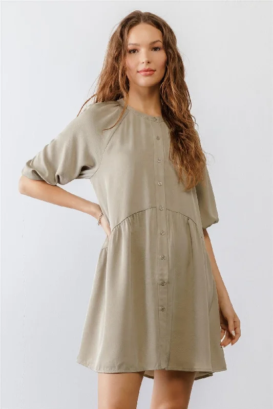 Dark Sage Satin Button-Up Puff Midi Sleeve Relaxed Fit Mini Dress /2-2-2