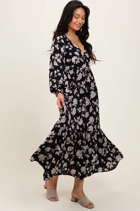 Black Floral Textured Bubble Sleeve Maxi Dress