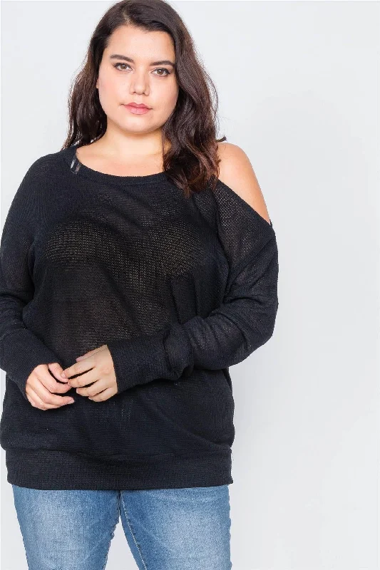 Junior Plus Size Sheer Black Cotton Could Shoulder Sweater /2-2-2