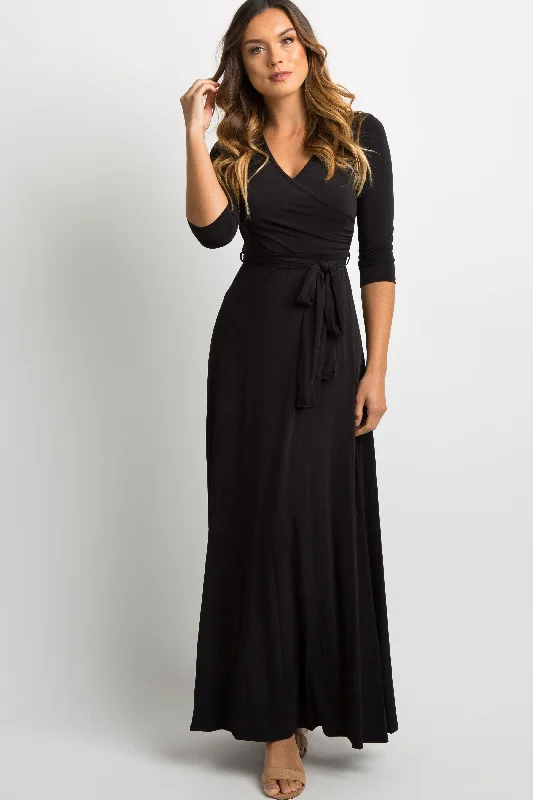 Black Solid Sash Tie Maxi Dress