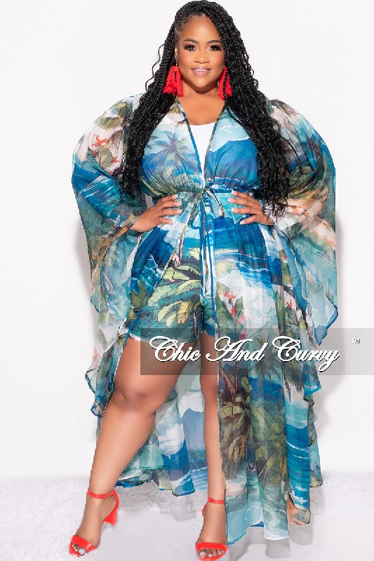 Final Sale Plus Size 2pc Set Chiffon Cover Up / Duster & Matching Shorts in Blue & Red Palm Print