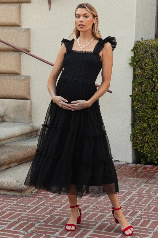 Black Smocked Mesh Ruffle Accent Maternity Midi Dress