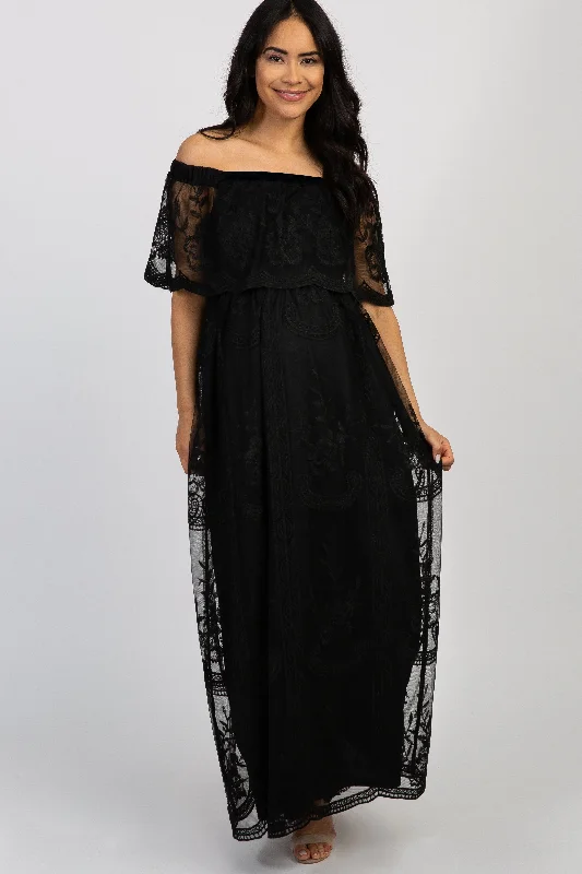 Black Lace Mesh Overlay Off Shoulder Maternity Maxi Dress