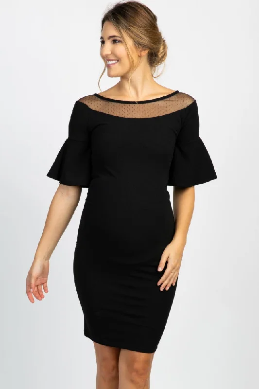 Black Polka Dot Mesh Flounce Sleeve Maternity Dress