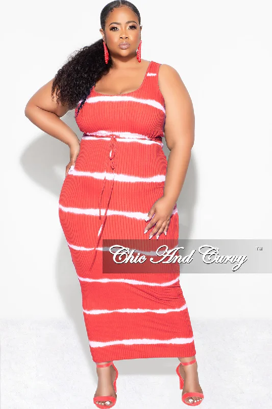 Final Sale Plus Size Ribbed 2pc Crop Drawstring Top and Pencil Skirt Set in Red and White Stripe Print