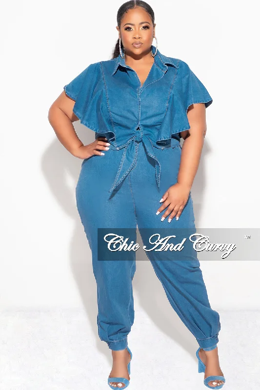 Final Sale Plus Size 2pc Collar Crop Tie Top and Pants Set in Denim