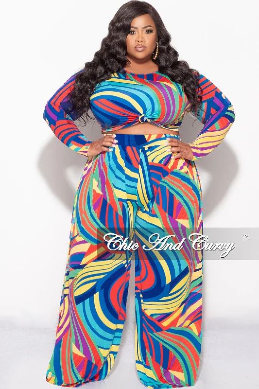 Final Sale Plus Size 2pc Crop Top and Palazzo Pants Set in Multi Color Print