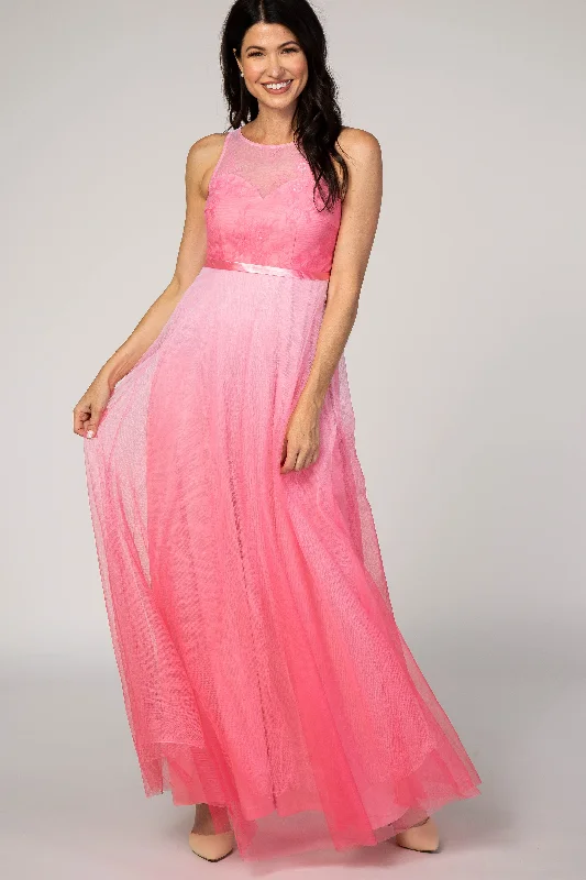 Pink Tulle Ombre Mesh Evening Gown