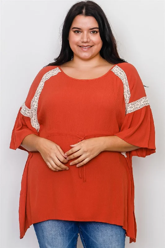 Boho Plus Size Rust Drawstring Waist Crochet Trim Top /2-2-2