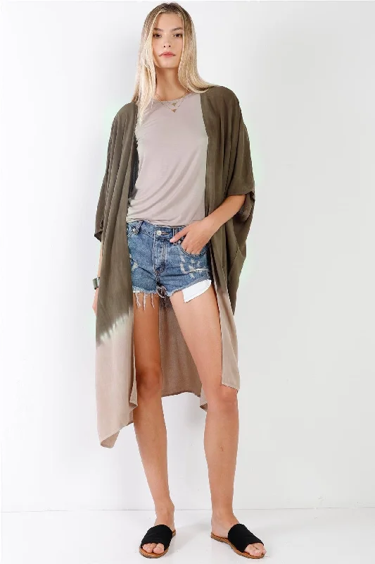 Olive & Taupe Tie-Dye Gradient Open Front Oversized Midi Kimono/Cover Up /1-1-2