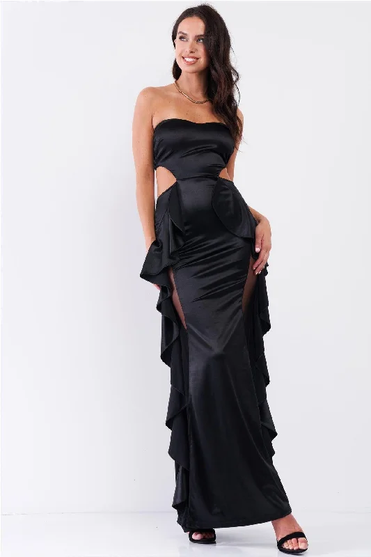 Black Satin Effect Sleeveless Sweetheart Neckline Open Back Ruffle Side Detail Maxi Dress /3-2-1