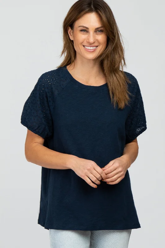 Navy Blue Oversized Eyelet Puff Sleeve Top