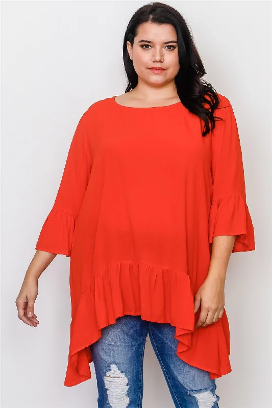 Boho Plus Size Red Ruffle Hem Hi-Low Top / 2-2-2