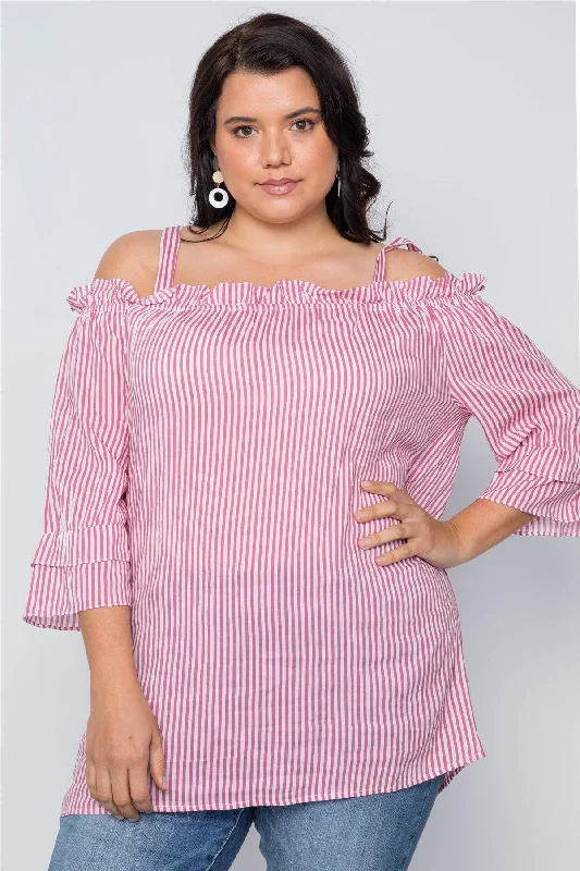 Boho Fuchsia Plus Size Striped Cold-Shoulder Top /2-2-2