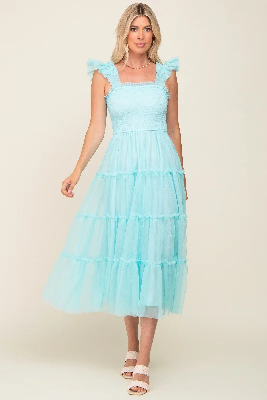 Aqua Smocked Mesh Ruffle Accent Midi Dress