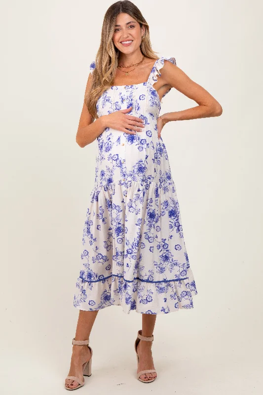 Navy Floral Ruffle Strap Tiered Maternity Midi Dress