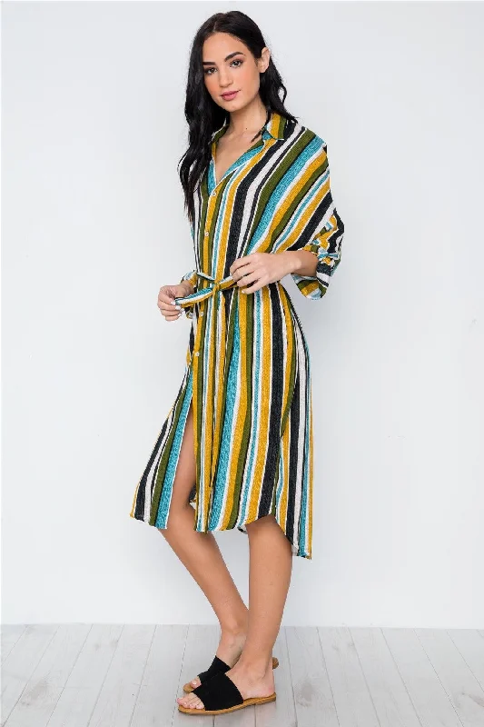 Black Mustard Olive Multi Stripe Button Down Shirt Dress /3-2